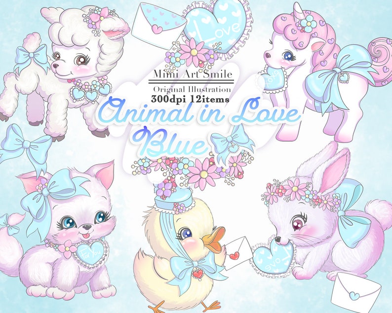 Animal in Love Blue Clipart, Cute Clip Art, Valentine's Day Kawaii ribbon Hart Unicorn Sheep Cat Chick Rabbit, digital sticker, pretty PNG image 1