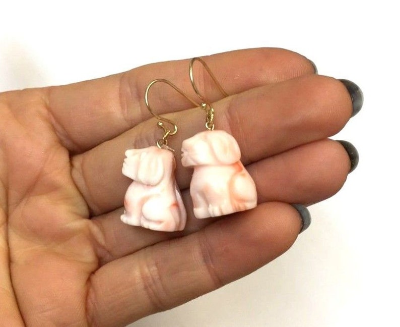 14K Yellow Gold Light Pink Salmon Colored Coral Carved Dog Earrings