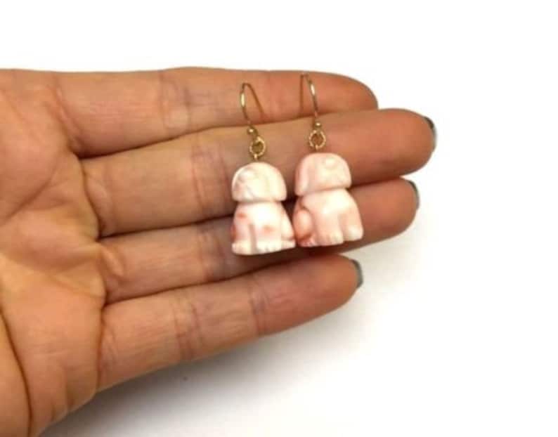 14K Yellow Gold Light Pink Salmon Colored Coral Carved Dog Earrings