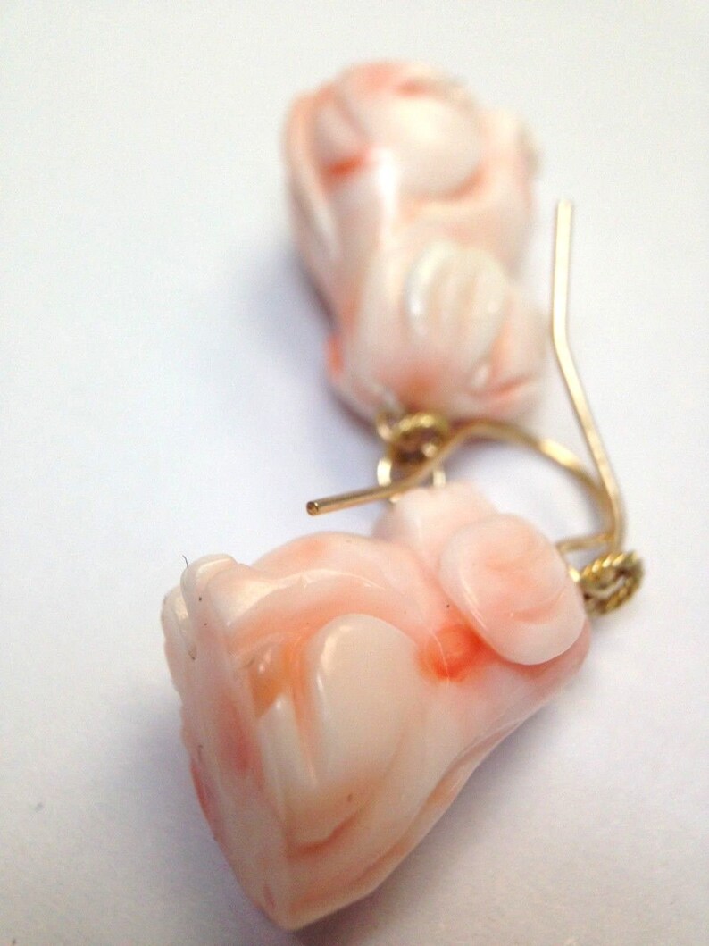 14K Yellow Gold Light Pink Salmon Colored Coral Carved Dog Earrings