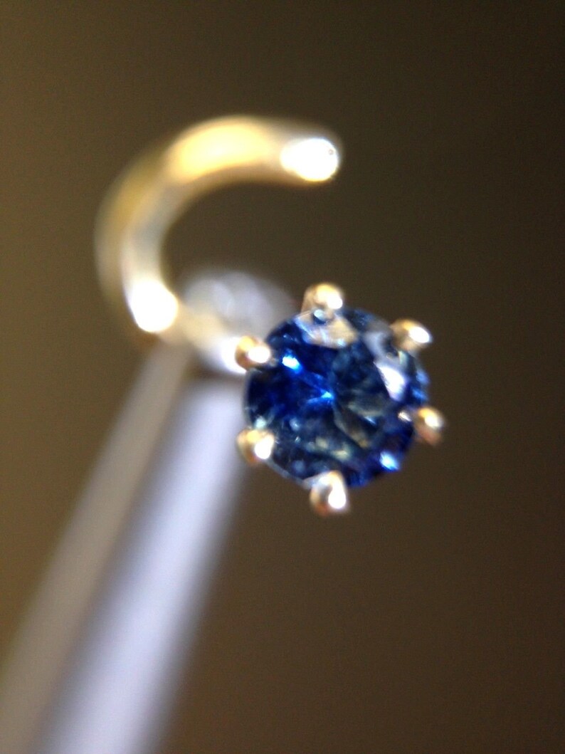 New 14K Yellow Gold Natural .10CT 3mm Deep Blue Sapphire Nose Stud Screw