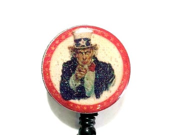 Uncle SAM "I Want You" AMERICA Heritage Vintage Look - Epoxy Glitter Design - Retractable ID Badge Reel