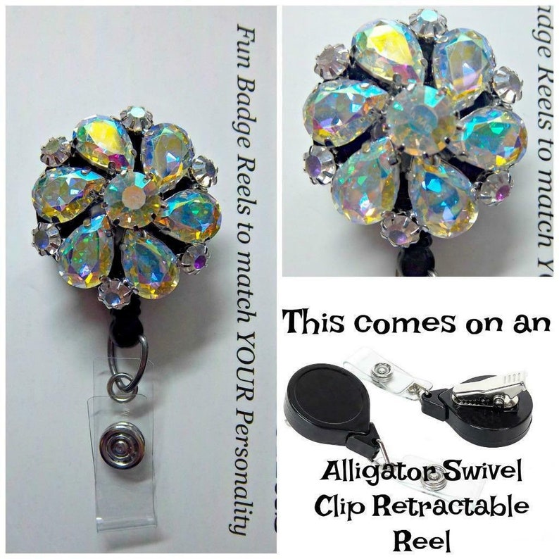 Alligator or Slide Clip AB Rhinestone Flower SPARKLE Retractable Reel ID Badge Holder You pick Reel Style