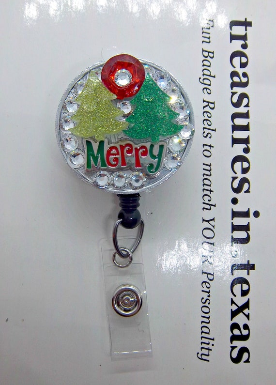 Oh so Fun Merry Christmas Glitter Trees and Bling Retractable Reel ID Badge  Holder You Pick Reel Style 