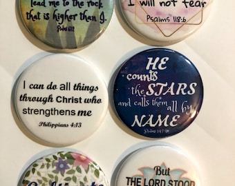 Christian, Religious Set I, 6-pk Novelty 1.5" Diameter Buttons/Pins Religious, Bible Verse - Colorful Fun Designs to warm your heart