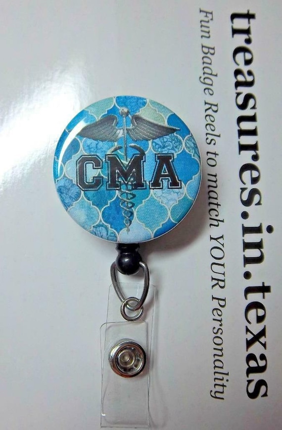 CMA Certified Medical Assistant - Blue Tiles Background - Retractable Reel ID Badge Holder, You Pick Reel Style - Slide or Gator Swivel Clip