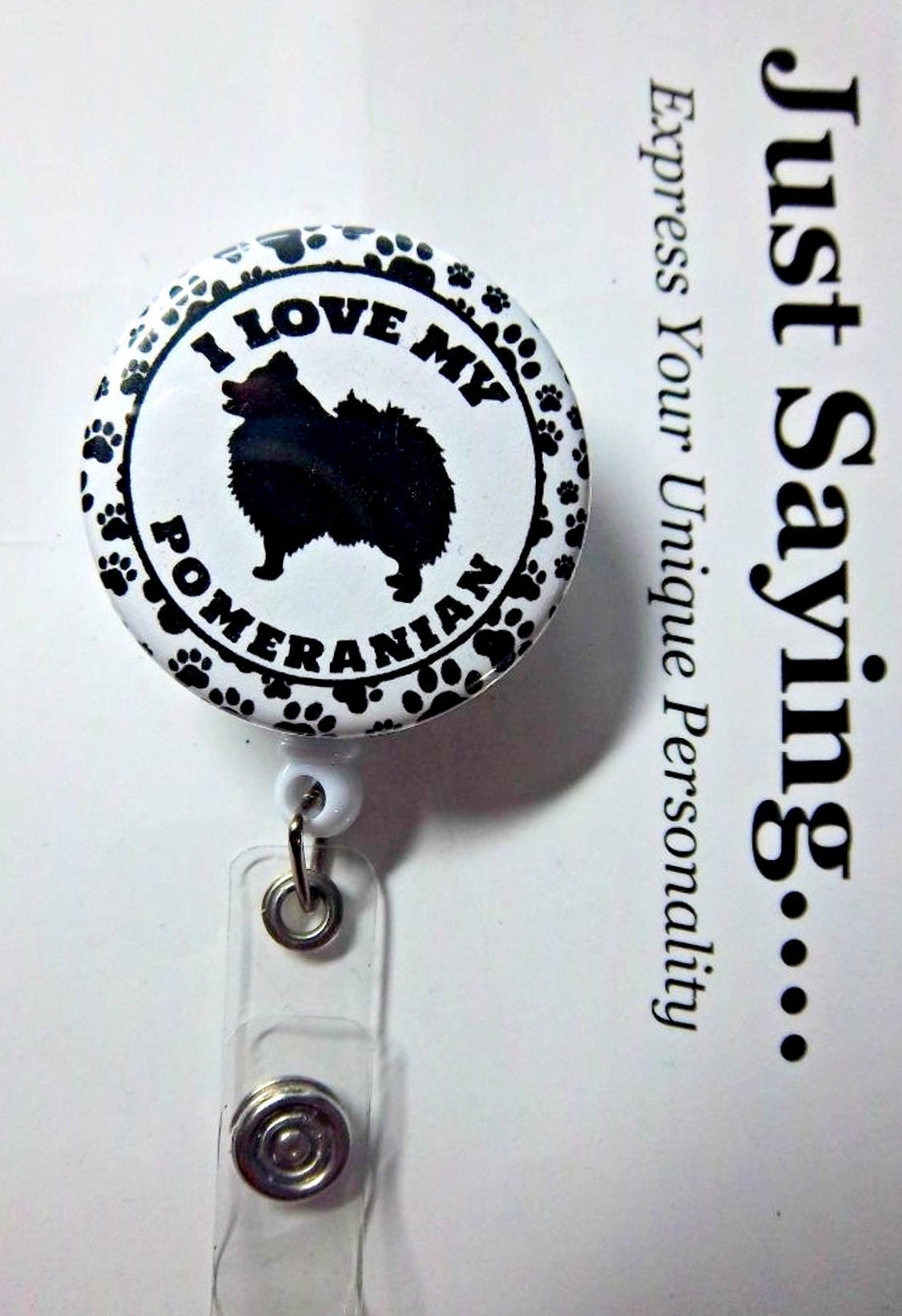 I Love My POMERANIAN dog Breed With Black and White Paw Print Trim  Retractable Reel ID Badge Holder you Pick Reel Style 