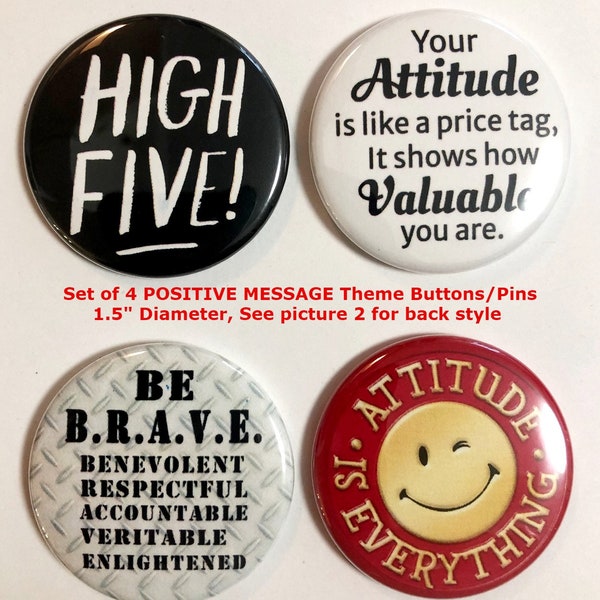 Set of 4 POSITIVE THOUGHTS 1.5" Diameter Buttons Pins (Attitude,High Five, Lifestyles) ~ Colorful funny designs for Lanyards, Clothes, Bags