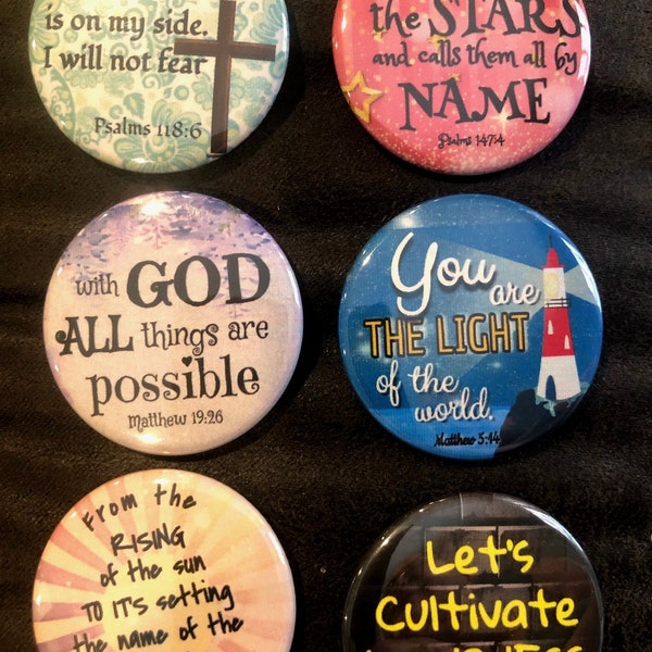 1.5" Christian Set ~ 6-pk Buttons/Pins: Faith, Kindness, Refuge, Light, Strength, Love - Giveaways, Church, Faith