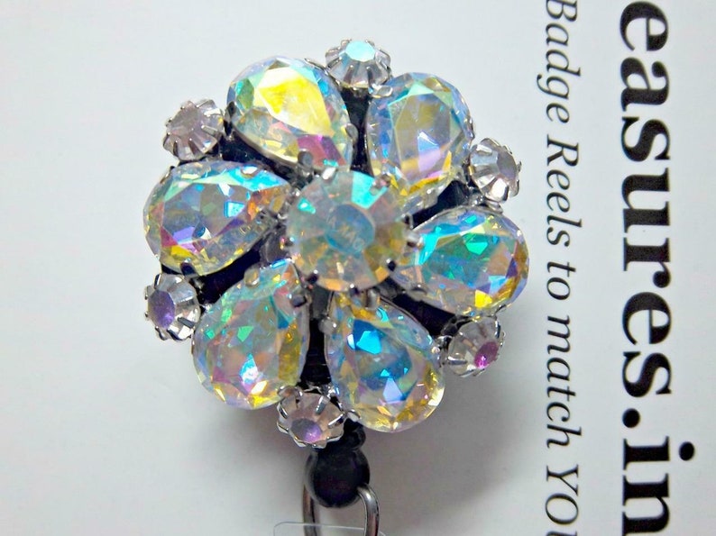 Alligator or Slide Clip AB Rhinestone Flower SPARKLE Retractable Reel ID Badge Holder You pick Reel Style