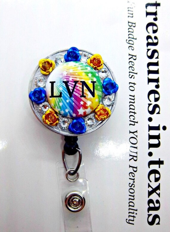 LVN Licensed Vocational Nurse - Stars with Gold and Royal Blue Roses Crystal Pop ~ Retractable Reel ID Badge Holder, You Pick Reel Style