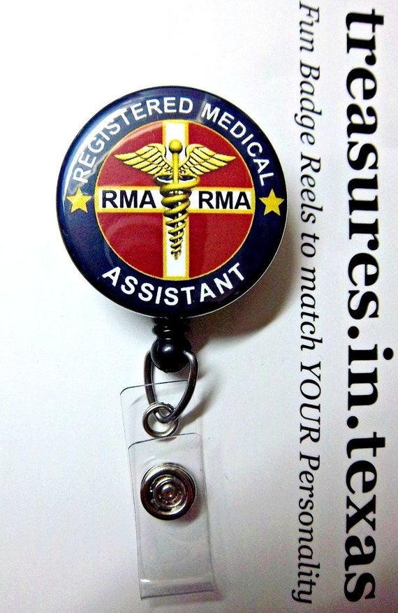 RMA Registered Medical Assistant Blue, Red, Gold, White Shield Style Retractable  Reel ID Badge Holder You Pick Reel Style 