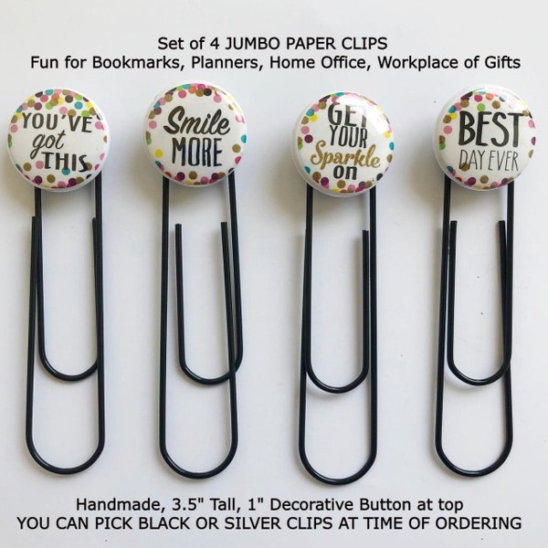 FUN Set of 4 JUMBO Paper Clips for Folders, Planners, Books, Workplace, Home Office - Cute Unique Designs with Fun Sayings