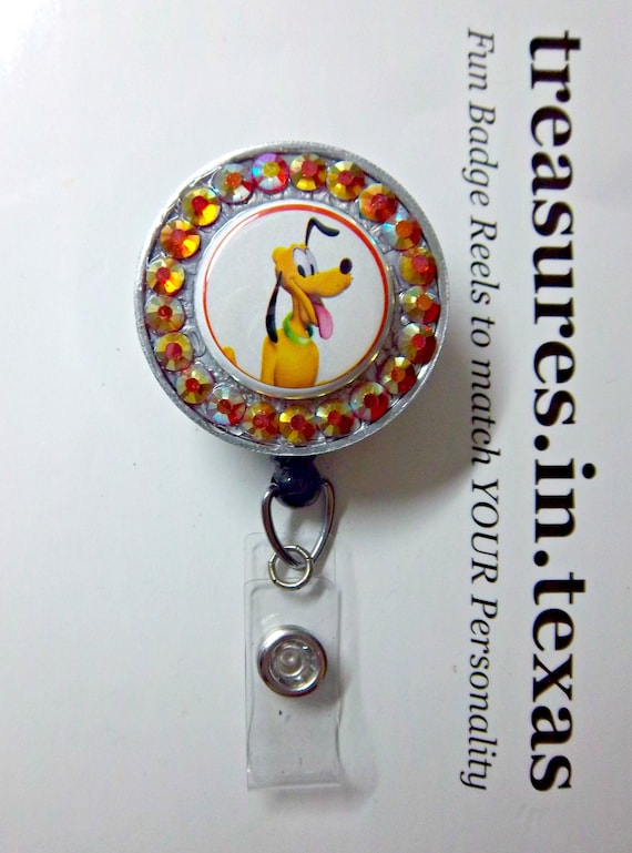 Mixed Media PLUTO With AB Orange Crystal Bling so Cute for Disney Fans Retractable  Reel ID Badge Holder You Pick Reel Style 