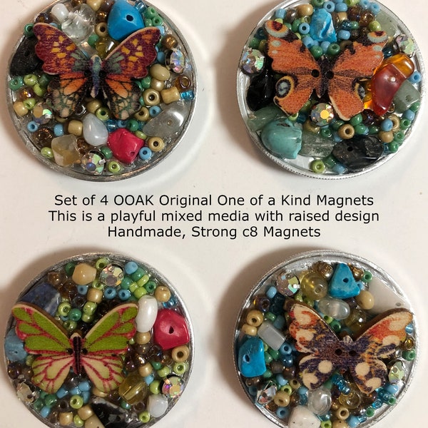 OOAK, Set of 4 BUTTERFLY and Stones Magnets for Kitchen, Office, Home - Earth Tones and Sparkle, Strong Magnets, One of a kind Gift idea