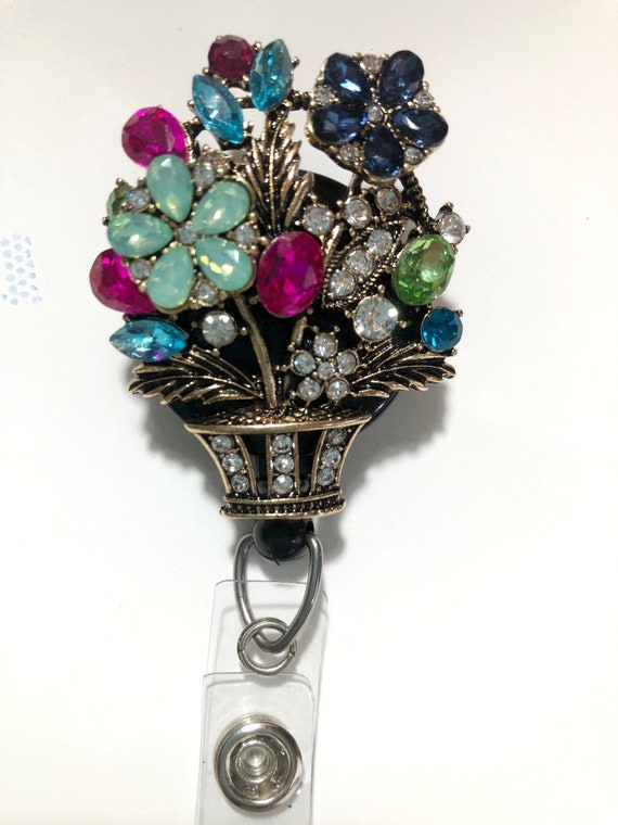 Rhinestones in Pinks, Green Flower Bouquet Jewelry Brooch Up-cycle