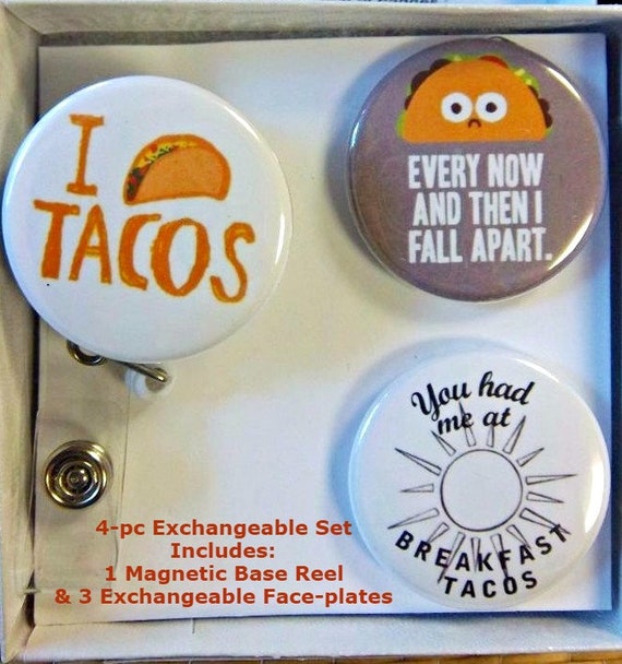 You Had Me at Breakfast Taco, I Love Tacos Fun TACO HUMOR Theme 4 Pc  Magnetic Exchangeable Retractable ID Badge System 