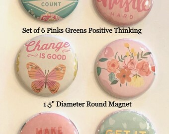 Lot of 6 Motivational Novelty Magnets - Hustle, Change, Get it Done - Up-cycled art - 1.5" Diameter Round - Fun for Gift, Office, Kitchen