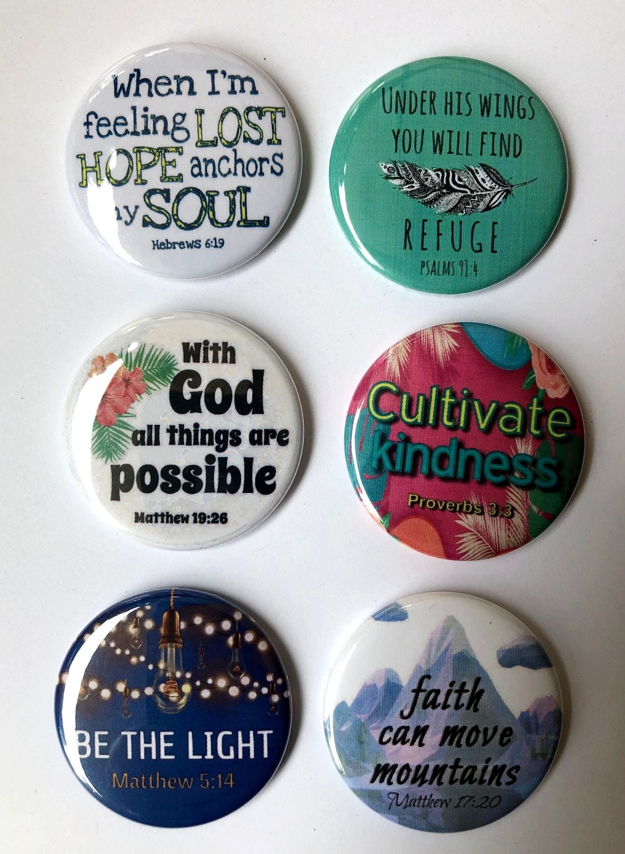 1.5 Christian Set ~ 6-pk Buttons/Pins: Faith, Kindness, Refuge, Light, Strength, Love - Giveaways, Church, Faith