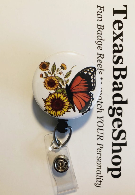 Simply Cute SUNFLOWER and BUTTERFLY in Yellow, Orange, Black Retractable  Reel ID Badge Holder you Pick Reel Style 