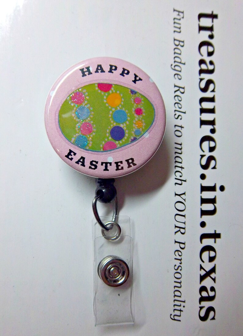 Retractable Reel ID Badge Holder Green Easter Egg with Glitter Dots on Pink Polka Dot Background Happy Easter You pick reel style