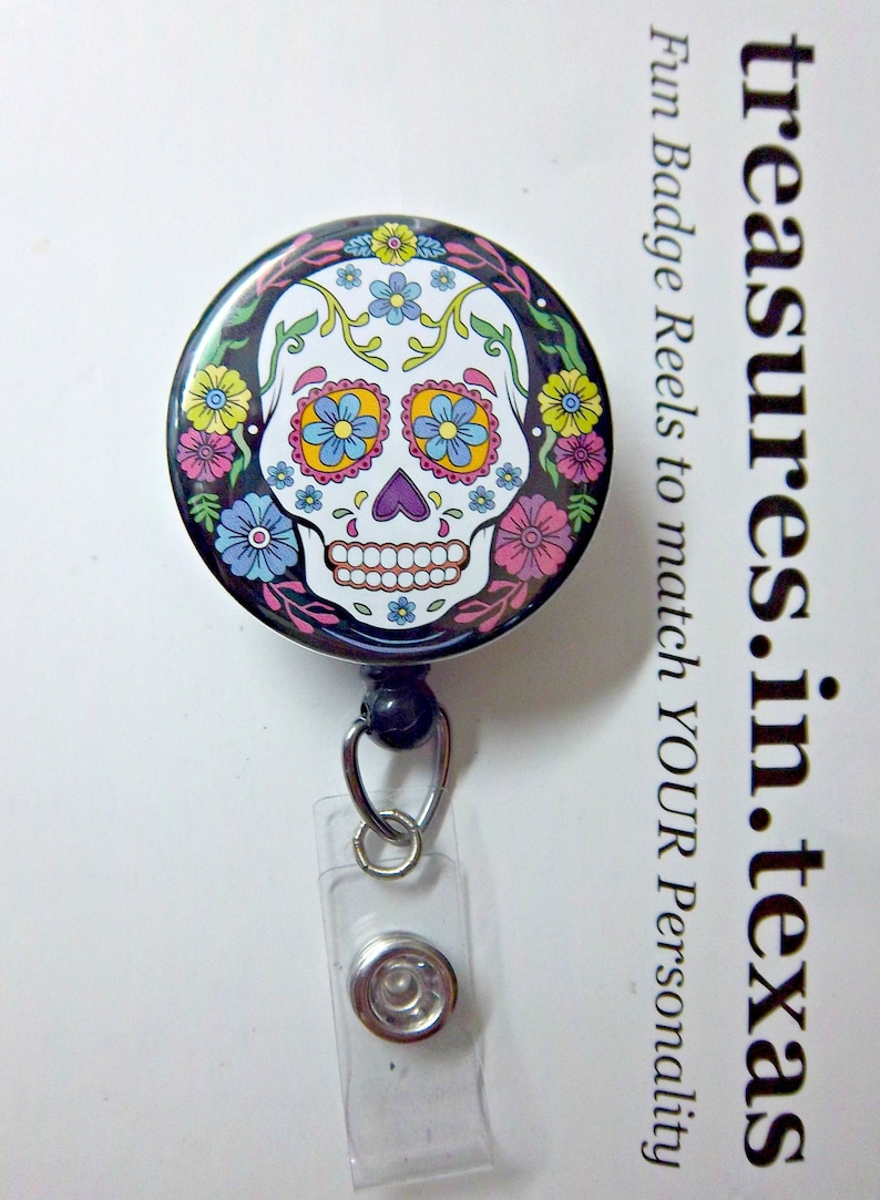 day of the dead celebration ~ Retractable Reel ID Badge White Sugar Skull on Black with Flowers, dia de los muertos you pick style