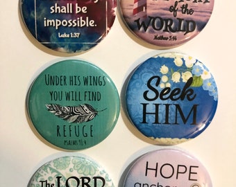 Christian, Religious Set H, 6-pk Novelty 1.5" Diameter Buttons/Pins Religious, Bible Verse - Colorful Fun Designs to warm your heart