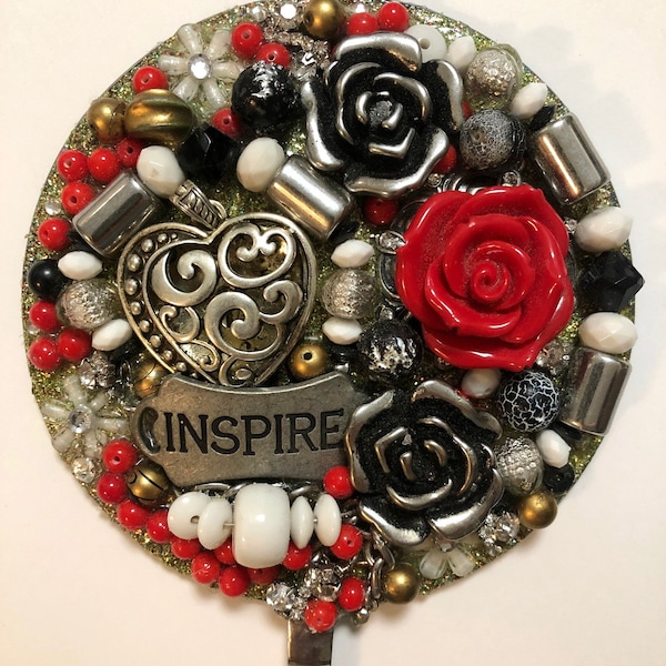 OOAK "INSPIRE" Roses/Heart Black Red White Silver & Rhinestones Mixed Media Hand Held Decorative Mirror Handmade - Special Keepsake or Gift