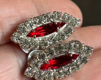 vintage Marquis red and white crystal clip on earrings