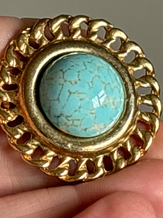 Vintage spiders web turquoise stone cabochon broo… - image 1