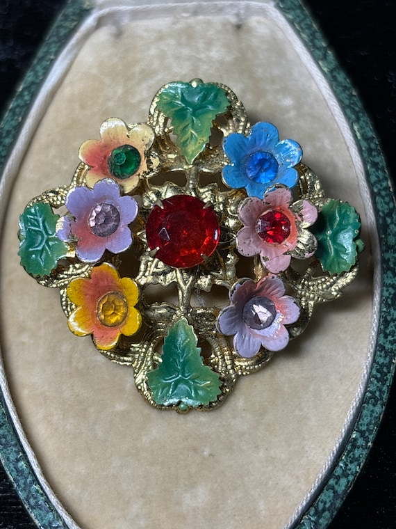 Vintage Czech brooch enamel and crystal