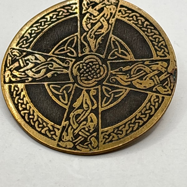 Vintage brass and enamel Celtic cross type brooch
