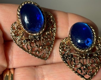 Grandes boucles d'oreilles clip en filagré bleu vintage