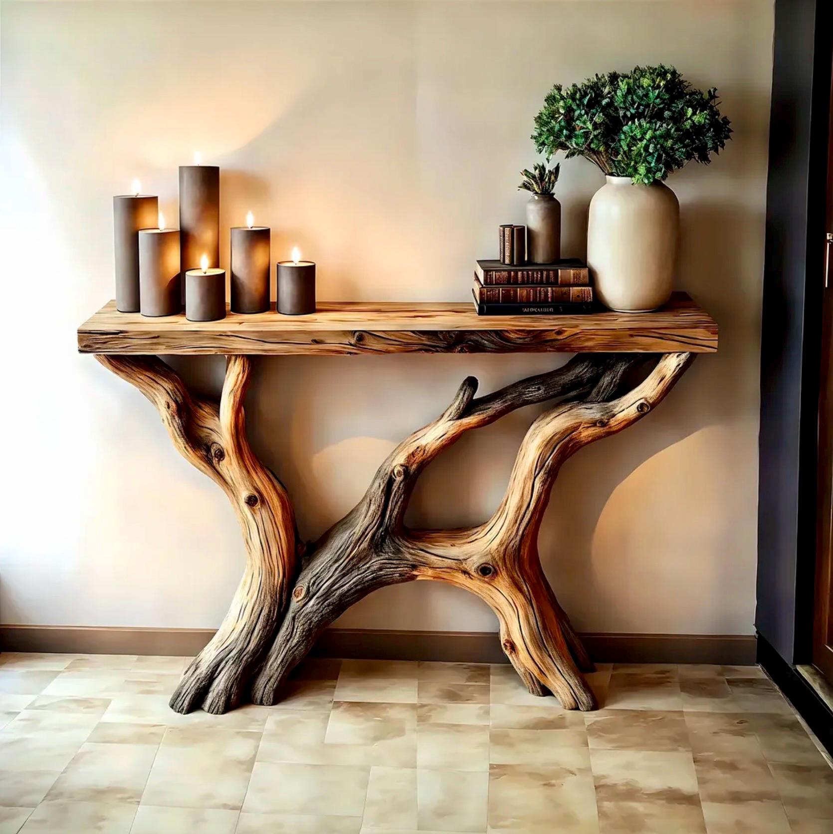 Handcrafted Rustic Console Table – Natural Wood Side Table for Living Room or Entryway Decor