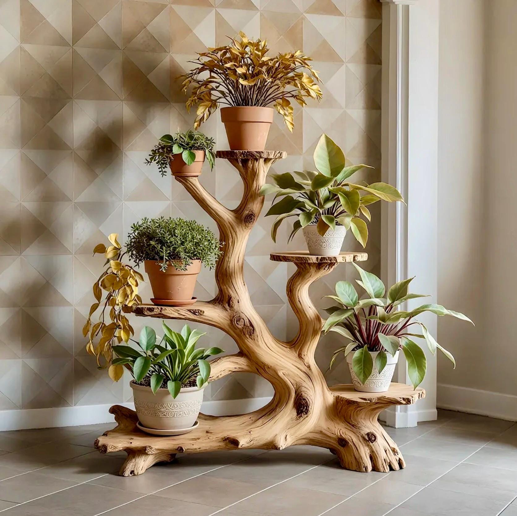 Handcrafted solid wood bonsai display shelf, natural wooden plant stand