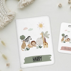 Personalised Kids Passport Cover, Jungle Safari Animals, Childs First Passport, Child Birthday Gift, Luggage Tag, New Baby Gift image 1