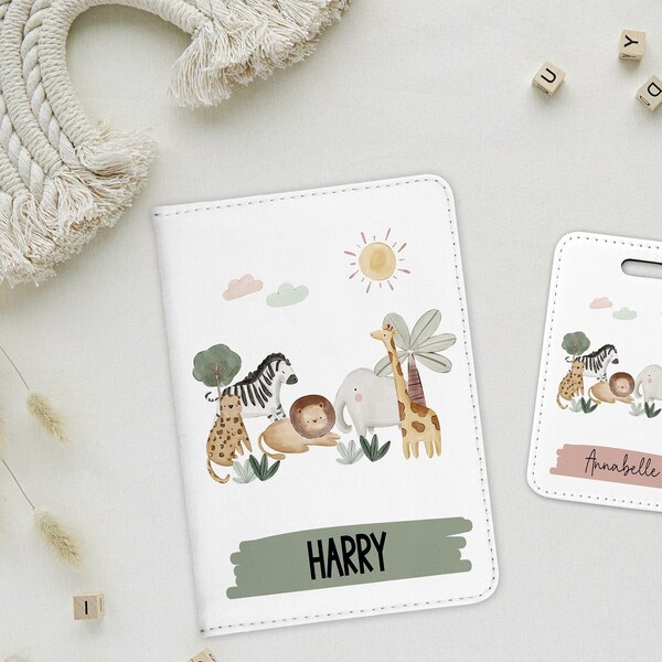 Personalised Kids Passport Cover, Jungle Safari Animals, Childs First Passport, Child Birthday Gift, Luggage Tag, New Baby Gift