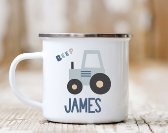 Personalised Blue Tractor Enamel Mug, Childrens Camping Mug, Custom Childs Cup, Hot Chocolate Mug, Childs Birthday Gift, Construction Theme