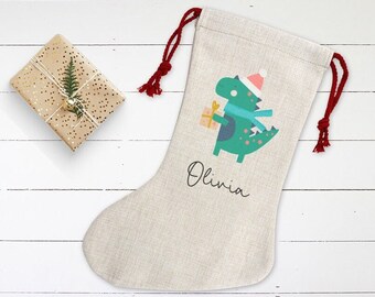 Personalised Dinosaur Christmas Stocking, Linen Look Stocking, Christmas Name Stocking, Family Stockings, Christmas Decorations