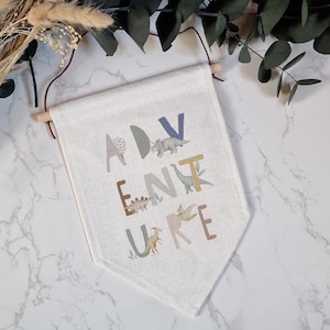 Dinosaur Adventure Pennant Flag: Linen Nursery Decor