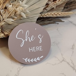 She&#39;s Here Baby Announcement, Baby arrival sign, Birth Announcement Sign, New Baby Announcement Disc, Social Media Photo Prop