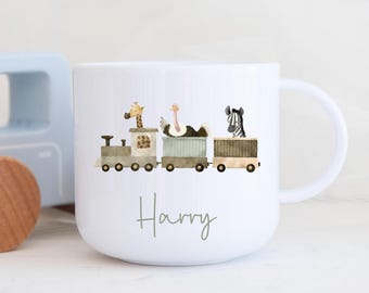 Personalised Kids Mug: Safari Animal Train, Unbreakable Polymer Cup