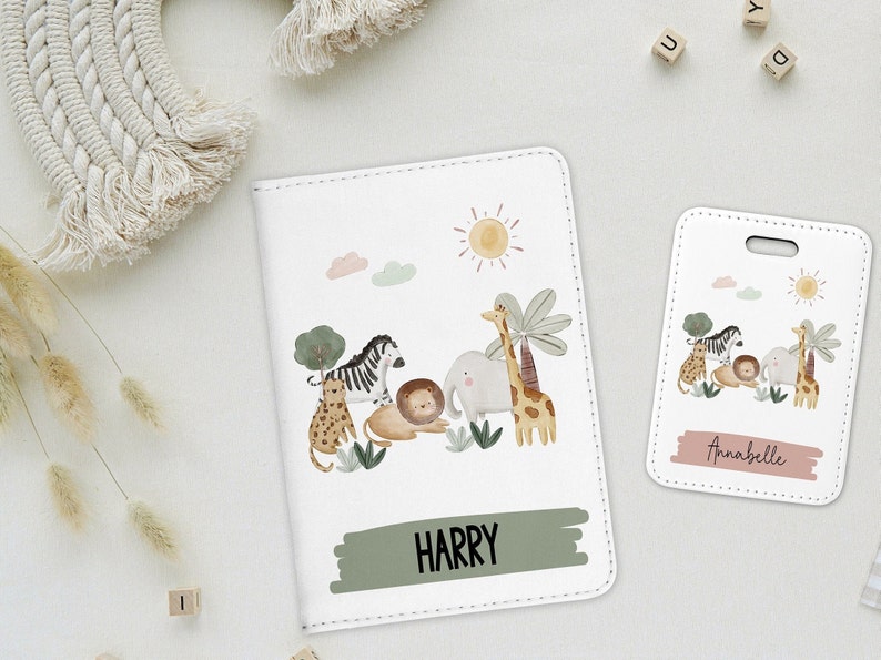 Personalised Kids Passport Cover, Jungle Safari Animals, Childs First Passport, Child Birthday Gift, Luggage Tag, New Baby Gift image 1