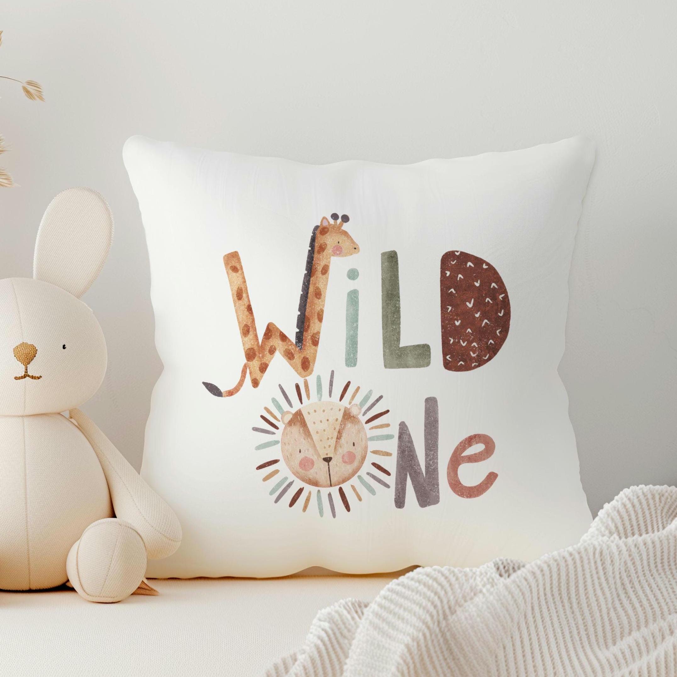 Wild One Cushion, Safari Animals Nursery Decor, Gifts for Kids, Children's Room Pillow, Jungle Animals Accessories, Lions and Giraffes