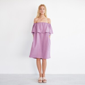 Ready to ship, Off The Shoulder Linen Dress THALIA, Ruffle Summer Dress, Handmade for Women