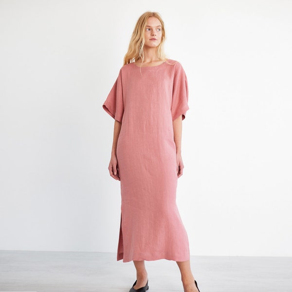 OLIVIA Linen Maxi Dress / Long Summer Dress / Short Sleeve