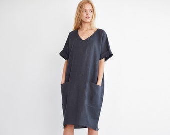 RUBY Oversized Linen Dress  / Washed Linen Women Dress / Short Sleeve Linen Dress / Linen Tunic Dress