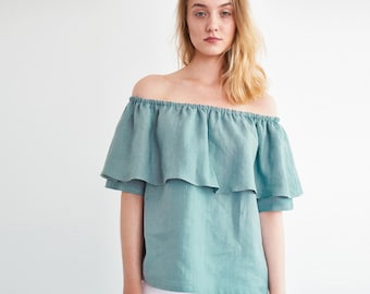 Ready to ship / THALIA Off The Shoulder Ruffle Linen Top / Linen Blouse / Ruffle Linen