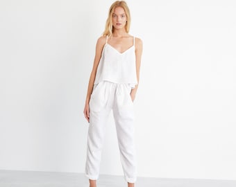SAVANNAH Cropped Linen Pants / Washed Linen Drawstring Trousers / Women Tapered Leg High Waist Linen Pants