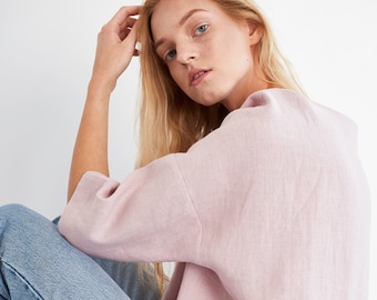 AMELIA 3/4 Sleeve Linen Blouse / Oversized Linen Top / Women Drop Shoulder Linen Blouse / Loose Fit Kimono Linen Top